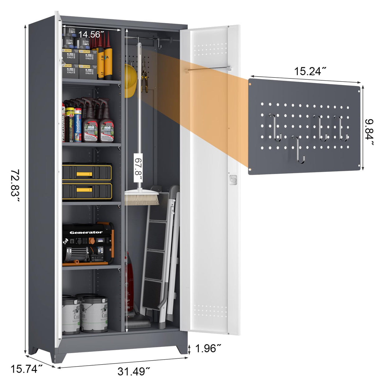 GREATMEET 72.8" H Metal Garage Storage Cabinets, Lockable Broom Closet Storage Cabinet with Doors and Shelves, Utility Cabinets for Storage Locker, Grey-White GREATMEET