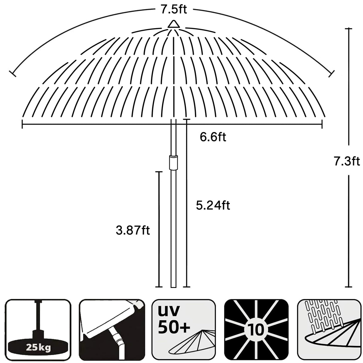 AMMSUN 7.5ft Hula Thatched Tiki Patio Beach Umbrella Hawaiian Style 10 Ribs UPF 50+ with Tilt Carry Bag for Outdoor Tiki Bar, Tropical Palapa, Patio Garden Beach Pool Backyard Natural Color AMMSUN