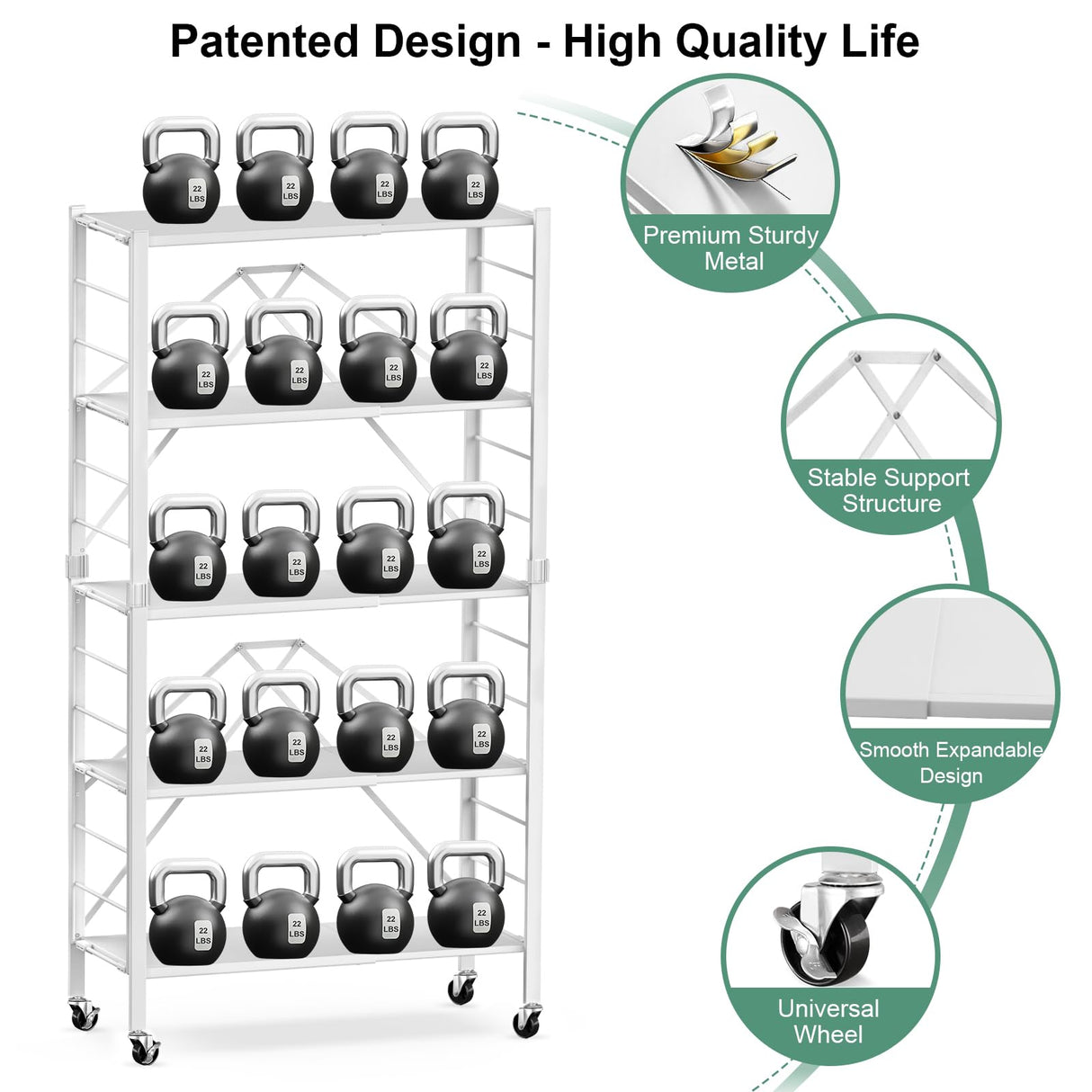 Himix 5 Tier Foldable Storage Shelves, Expandable Folding Pantry Shelf with Wheels, Changeable into 2 Shelf Units, Collapsible Storage Rack Metal Shelves for Kitchen, Room, Garage, White Himix