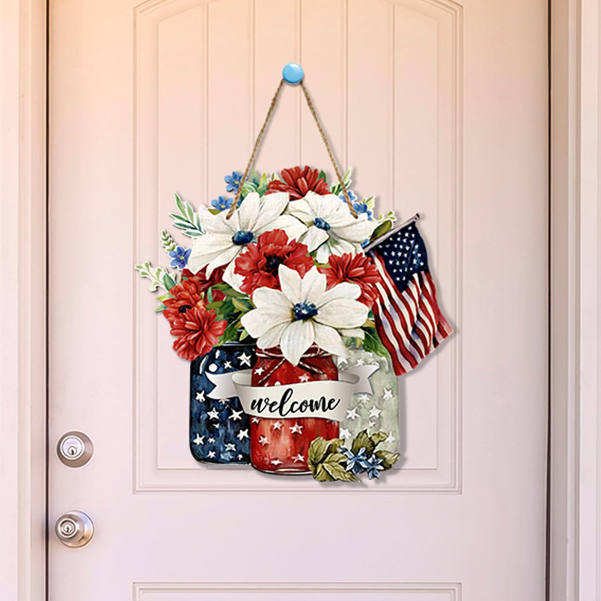 Spiareal 4th of July Welcome Door Decoration Farmhouse Patriotic Wooden Sign Rustic Independence Day Wood Wreaths Red White Blue Wall Decor American Flag Hanging Sign for Front Door Decorations Spiareal
