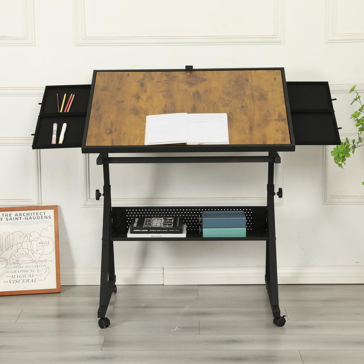 Roockky Height Adjustable Puzzle Tables for Adults with Drawers, 1500 Pieces Jigsaw Puzzle Table with Legs and Wheels, 0-75° Tilting Tabletop, Protective Cover and Storage Shelf, Black Roockky