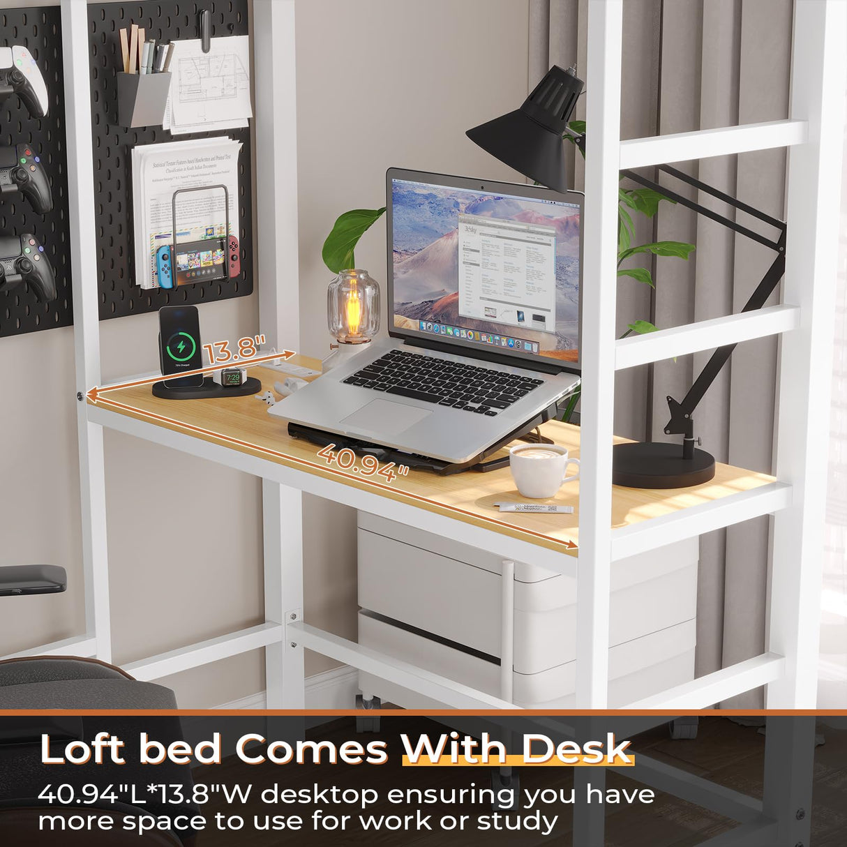 DICTAC Twin Loft Bed with Desk, Charging Station, Storage, Safety Features, and RGB LED Lights - White DICTAC