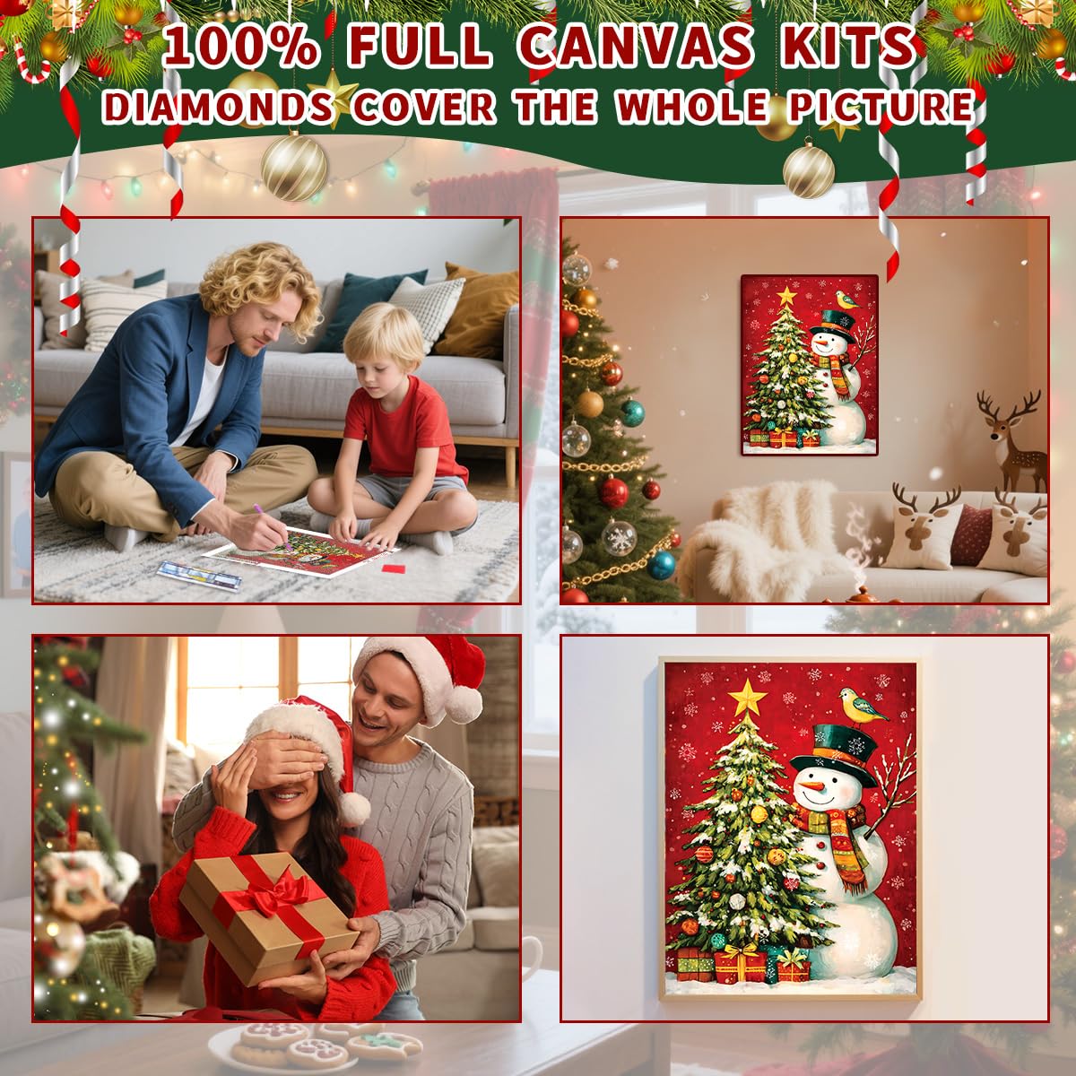 Ohhvvow Diamond Painting Kit - Snowman & Presents-Laden Christmas Tree, Cozy Winter Festive Scene, 5D DIY Full Drill Art Round Diamonds with Tools, Holiday DIY Craft Gift for Women Men Ohhvvow