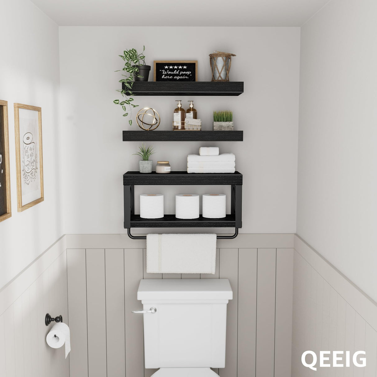 QEEIG Bathroom Shelves Over Toilet - Floating Shelf for Wall Toilet Paper Storage Farmhouse 16 inch Set of 3, Black (029-40B3) QEEIG