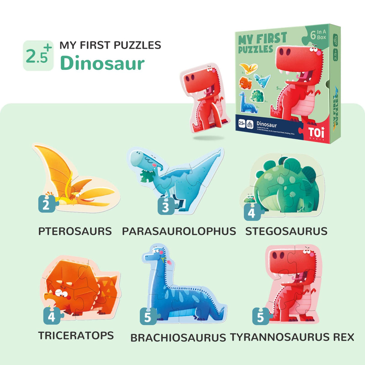 Toi 6 Packs Large Piece Toddler Jigsaw Puzzles for Kids Aged 2.5+, Animal Shaped Floor Puzzles for Beginner, Preschool Learning Game for Boys Girls, Dinosaur Toi