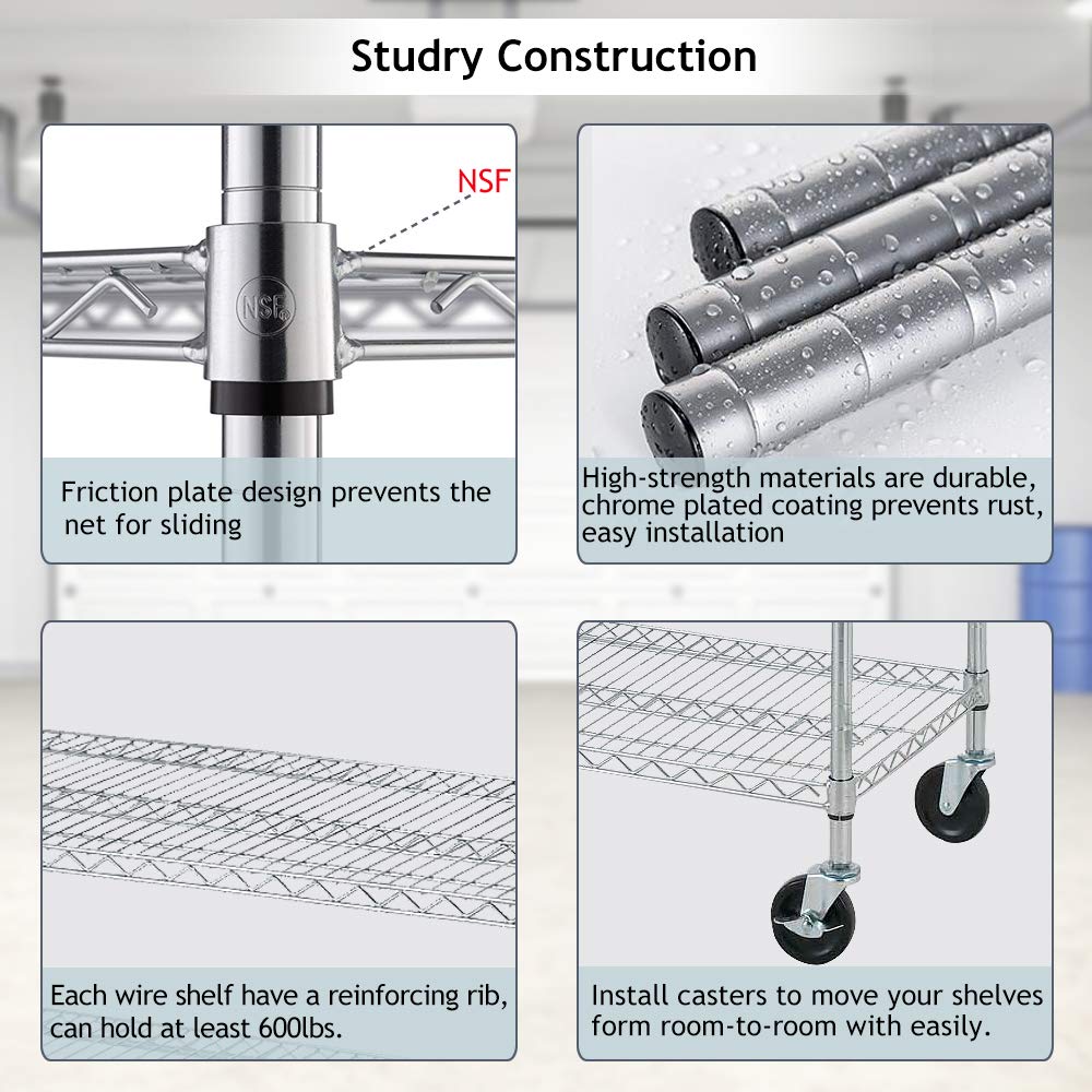 Storage Shelves Wire Shelving Unit Garage Shelving with Wheels Heavy Duty NSF Height Adjustable Steel Commercial Grade Metal Shelving with Castors, 6000 Weight Capacity, for Kitchen Basement Pantry Dkeli