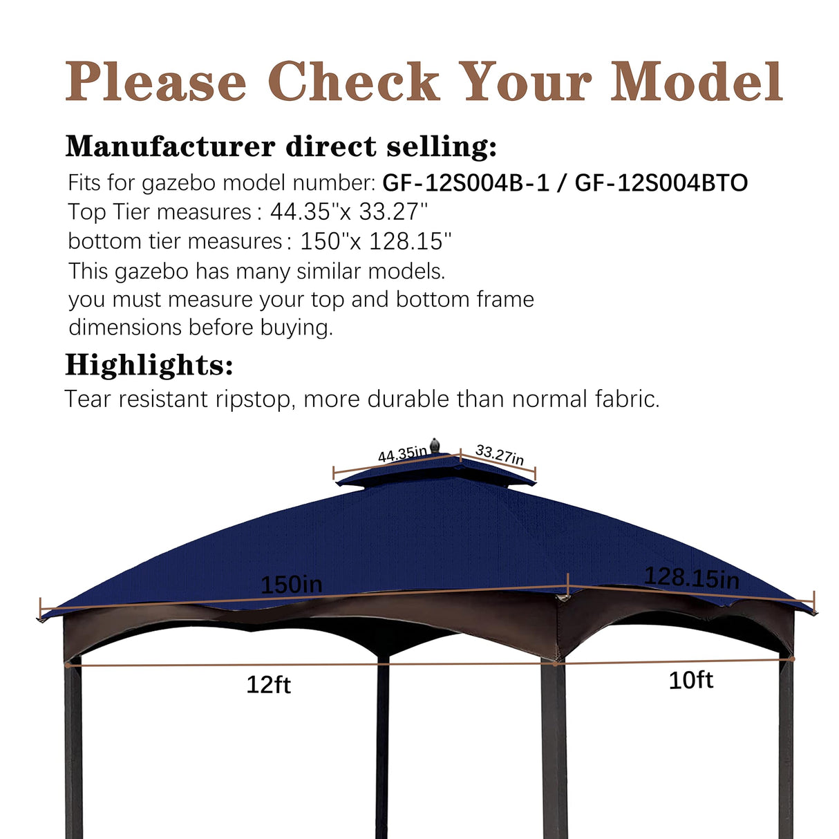 SCOCANOPY Ripstop Replacement Top for Lowe's Allen Roth 10X12 Gazebo Model #GF-12S004B-1/ GF-12S004BTO/TPGAZ17-002C,(Navy Blue) SCOCANOPY