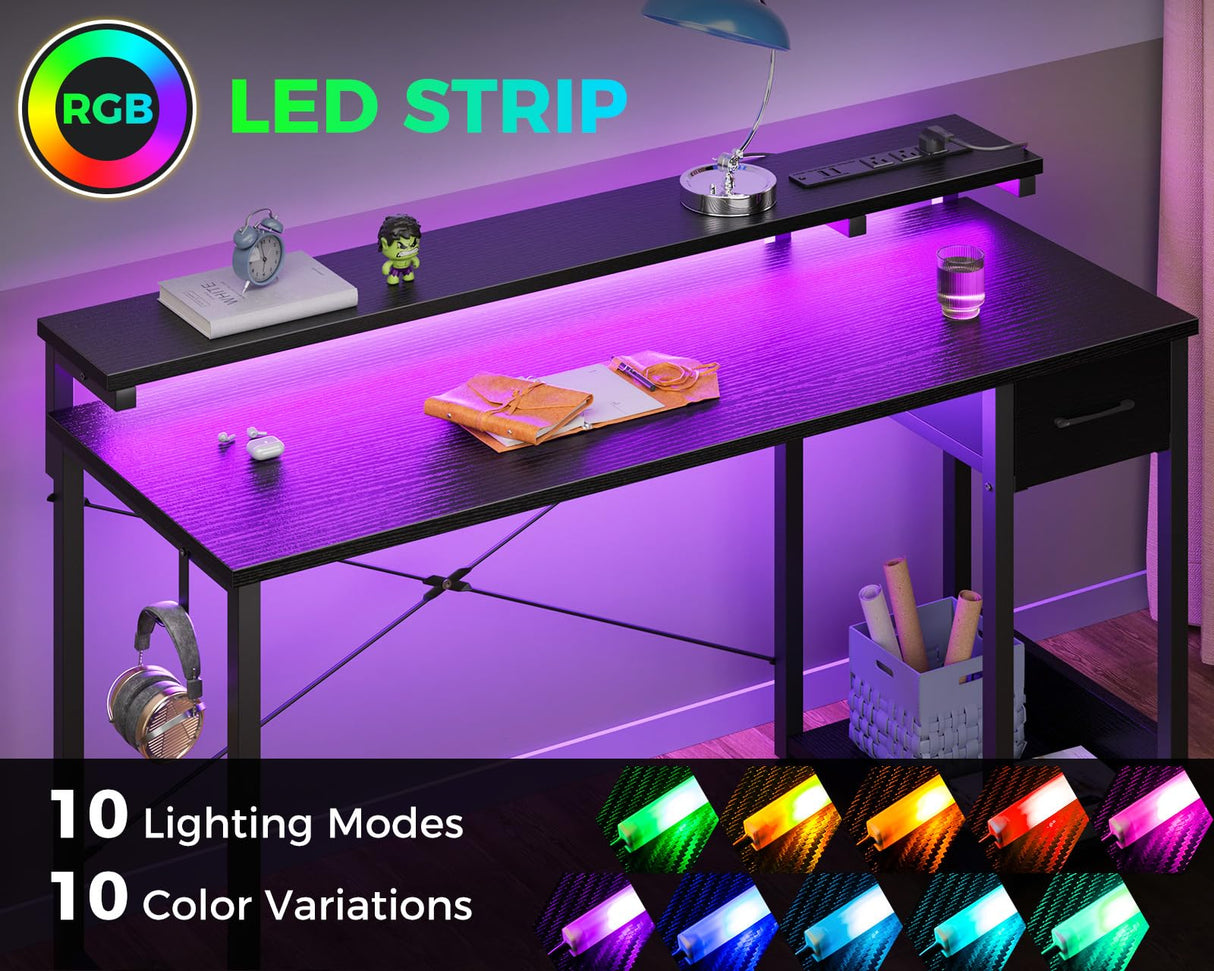 AODK Gaming Desk with LED Lights & Power Outlet, 55 Inch Computer Desk with Drawer, Reversible Desk with Adjustable Monitor Shelf & Headphone Hook for Home Office, Black AODK