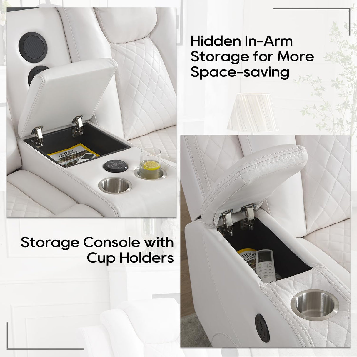 Power Recliner Sofa Set with Bass Speaker for Living Room,Faux Leather 3 Seater Reclining Sofa and Loveseat Seating Couch w/ Wireless Charger,Reading Light,LED Lights,Home Theater Love seat Sets,White Comfort Stretch