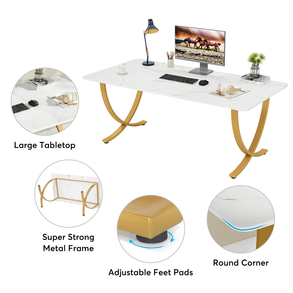 Tribesigns Executive Desk, 63” W x 31.5” D Large Office Desk, Modern Computer Desk Conference Table Meeting Room Table, Business Furniture for Home Office, White and Gold Tribesigns