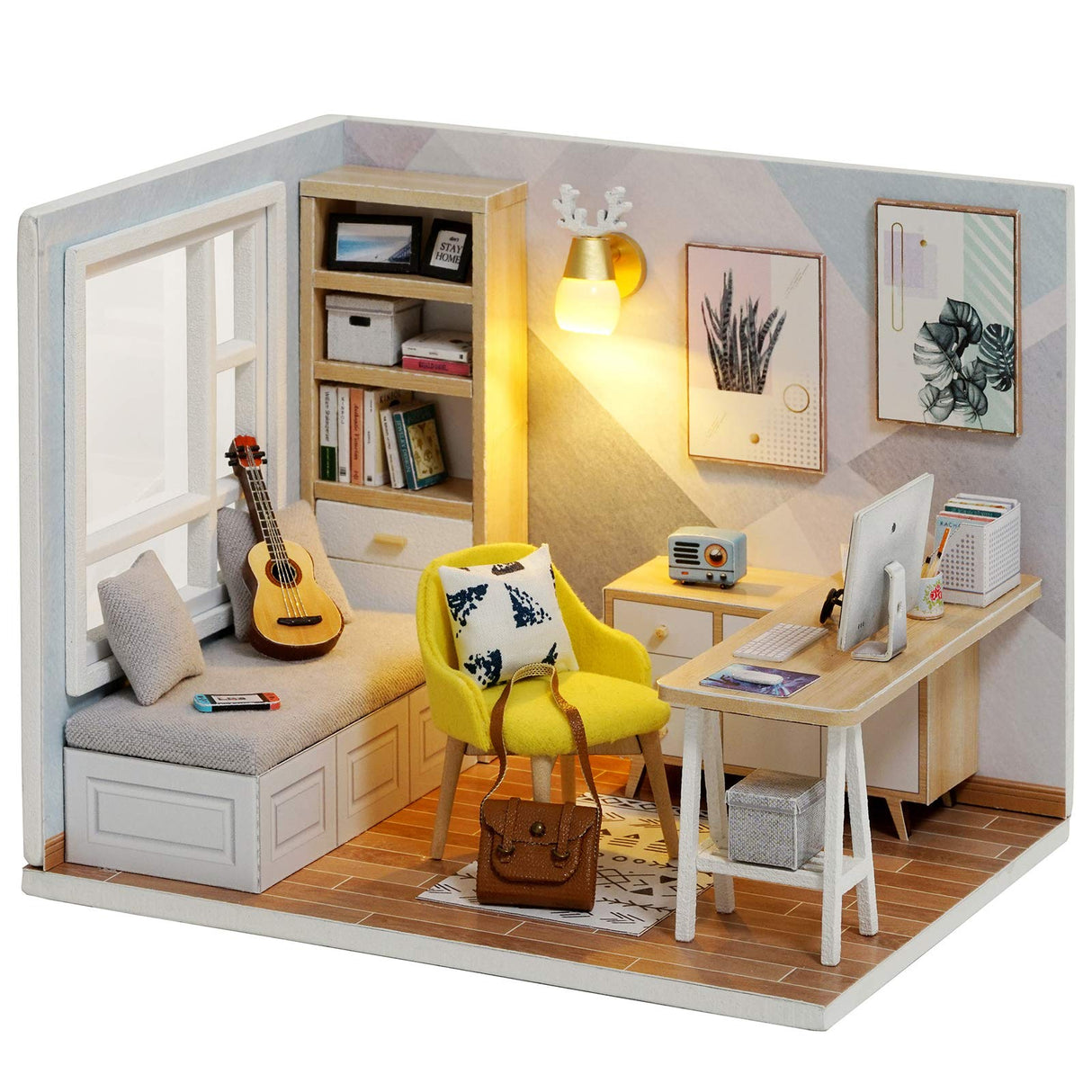 piberagi DIY Miniature Dollhouse Kit, 1:32 Scale Creative Room Mini Wooden Doll House with Furniture Plus Dust Proof for Kids Teens Adults(Study Room) piberagi