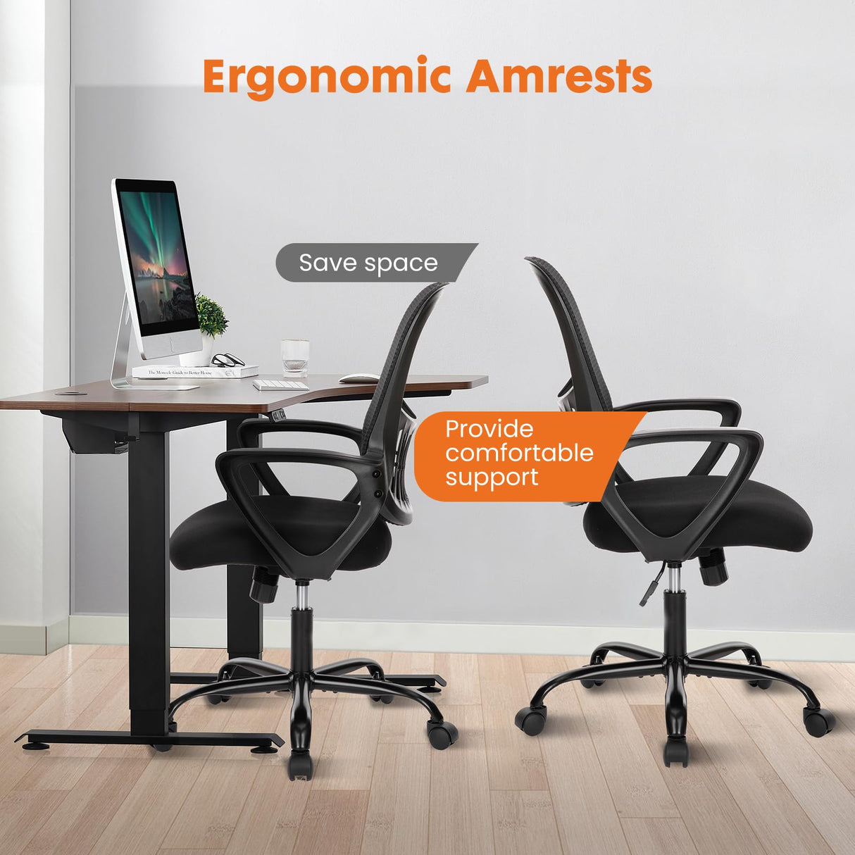 Sweetcrispy Office Computer Desk Managerial Executive Chair, Ergonomic Mid-Back Mesh Rolling Work Swivel Chairs with Wheels, Comfortable Lumbar Support, Comfy Arms for Home,Bedroom,Study,Student,Black Sweetcrispy