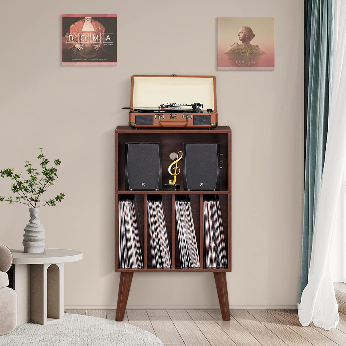 Lerliuo Record Player Stand, Walnut Turntable Stand Holds up to 160 Albums, Mid-Century Vinyl Storage Cabinet Table with Solid Wood Legs, Record Player Holder Dispaly Shelf for Bedroom Living Room Lerliuo