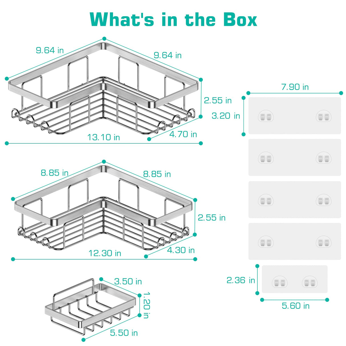 YASONIC Corner Shower Caddy, 3-Pack Adhesive Bathroom Caddy with Soap Holder and 12 Hooks, Rustproof Stainless Steel Shower Organizer, No Drilling Wall Mounted Shower Rack, Brushed Silver YASONIC