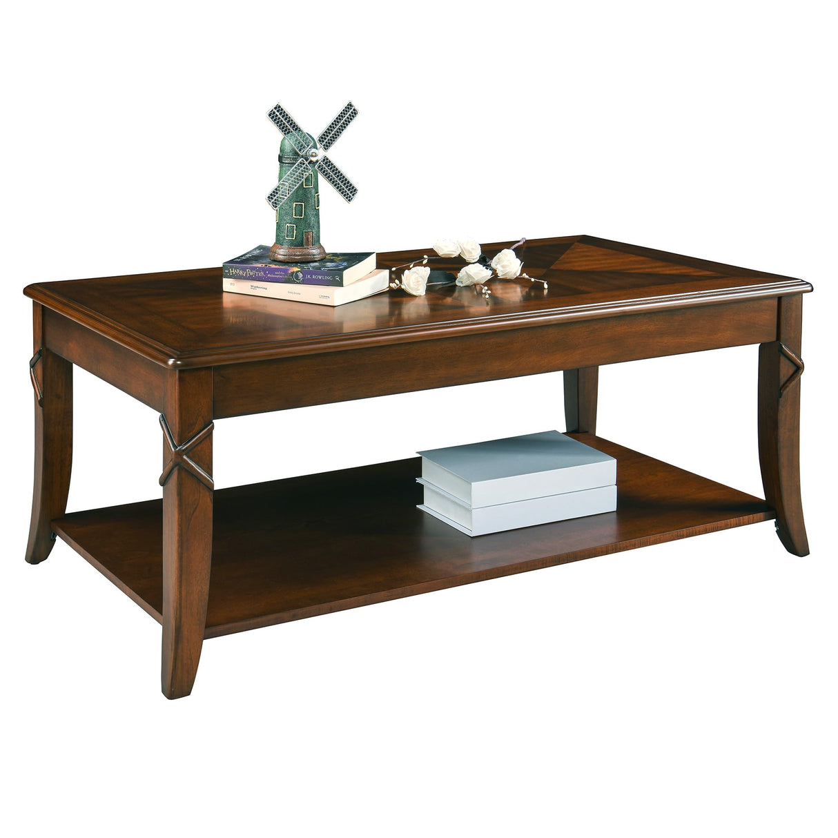 MODERION Solid Wood Coffee Table with Storage Shelf, Mid-Century Living Room Table with Wood Carved Tabletop and Leg, 43.3” Splicing Cocktail Center Table,Easy Assembly, Cherry Brown KFZ-DR200 MODERION