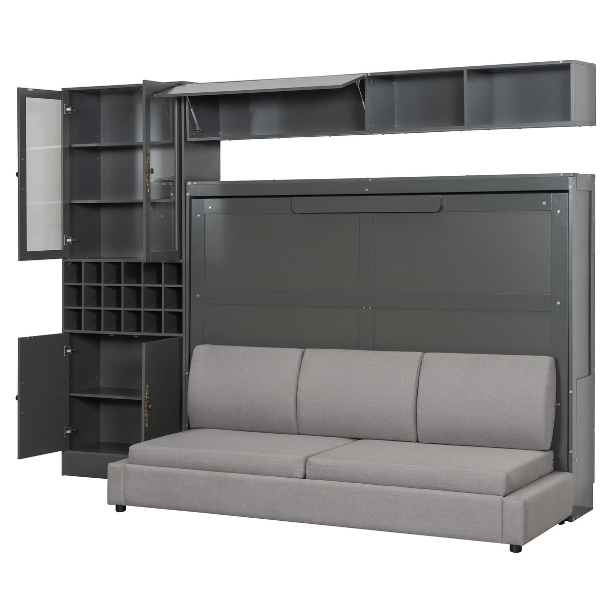 HABITRIO Full Size Murphy Bed, Wall Bed with Sofa, Shelves USB & Light, Gray HABITRIO