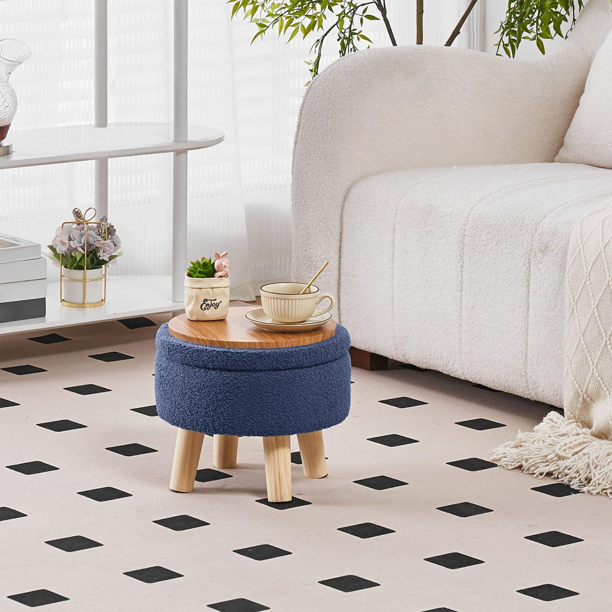 Wimarsbon Storage Ottoman, Modern Round Footrest with Soft Padded Seat, Teddy Velvet Footstool with Wood Legs, Accent Small Table or Plant Stand for Hallway, Living Room (Grey-Blue) Wimarsbon