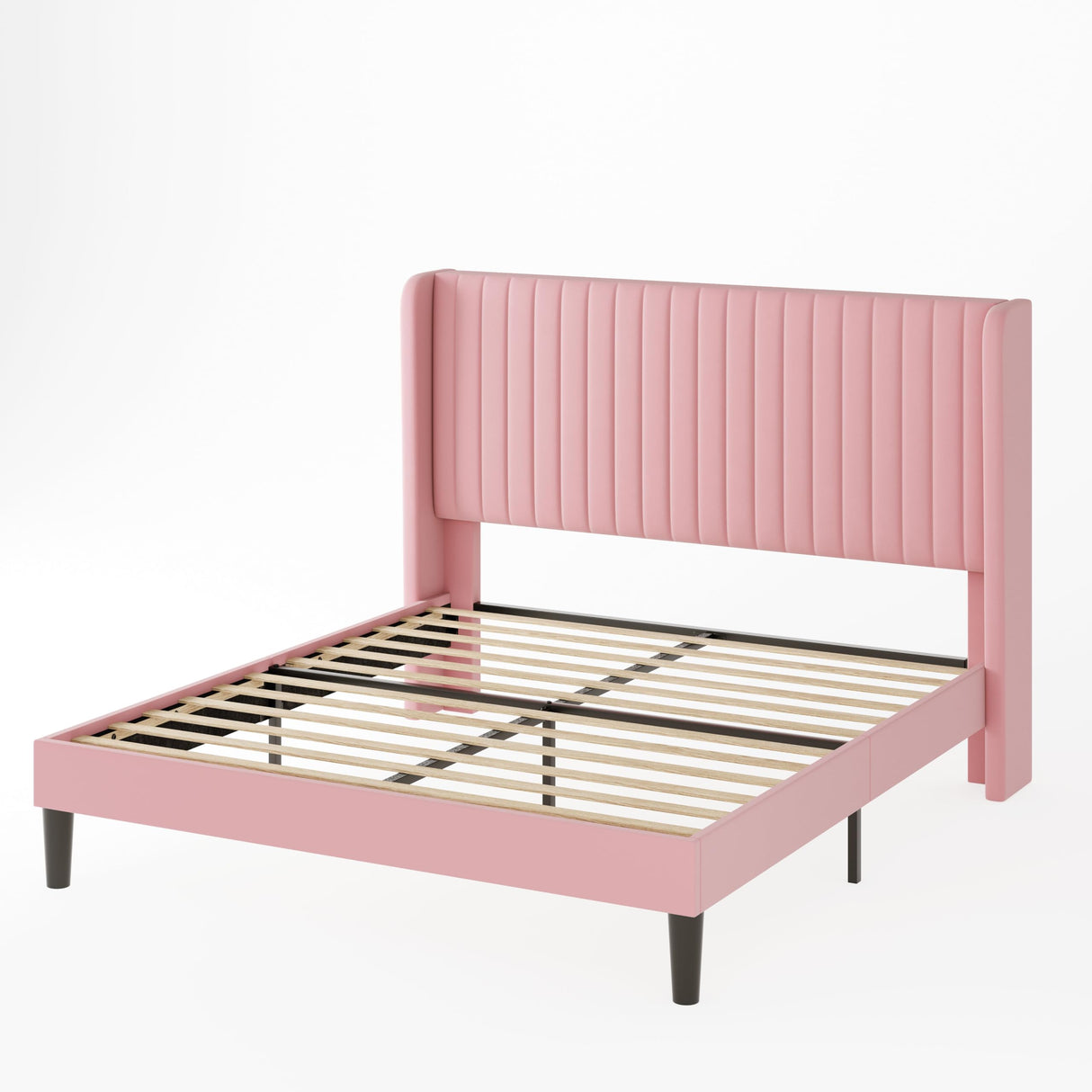 Allewie Full Size Velvet Bed Frame/Vertical Channel Tufted Wingback Headboard/Upholstered Platform Bed/Strong Wooden Slats/No Box Spring Needed/Easy Assembly/Pink Allewie