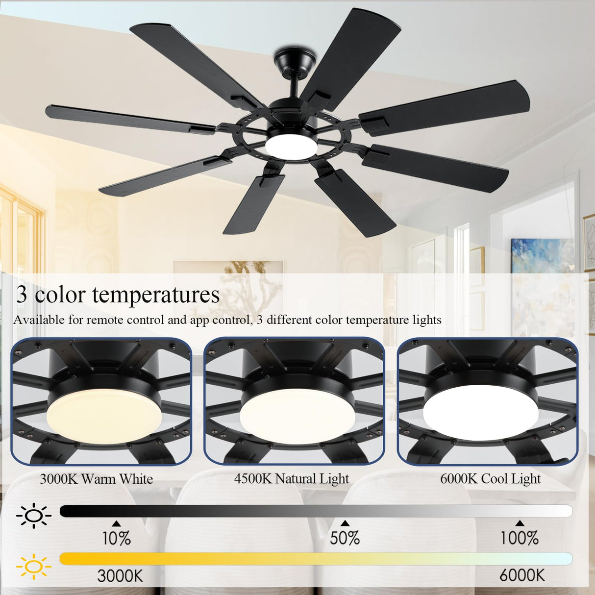 FUMLTP 62 Inch Ceiling Fans with Lights, Large Low Profile Ceiling Fan with Remote Control, 8 Double Sided Blades, 6 Speed Reversible DC Motor, Silent Timing, Black Indoor Outdoor Ceiling Fan FUMLTP