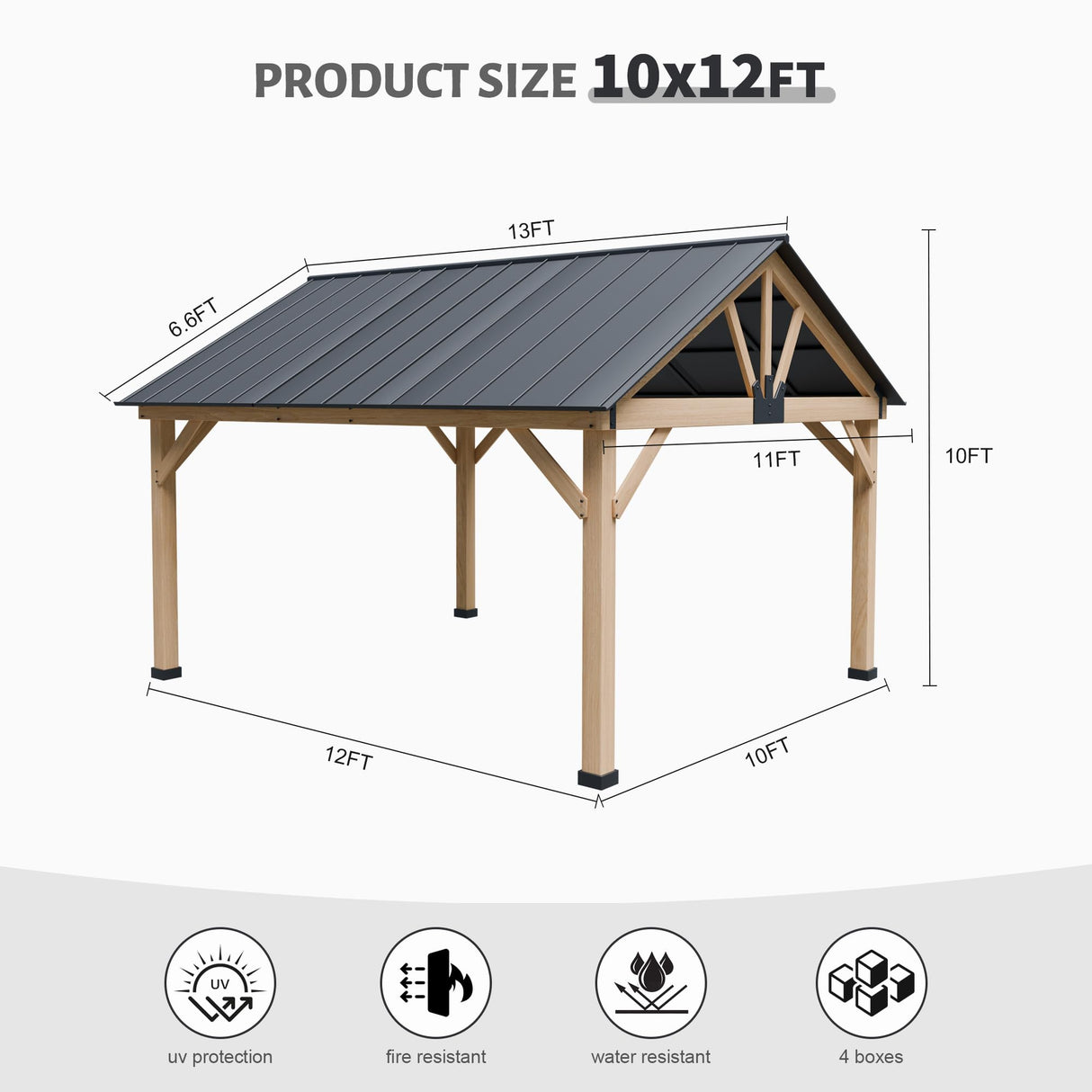 Yardsight Wood Gazebo 11' x 13', Hardtop Wooden Cedar Gazebo with Galvanized Steel Roof, Permanent Outdoor Pavilion for Garden, Patio, Deck, Backyard, Lawn. Yardsight