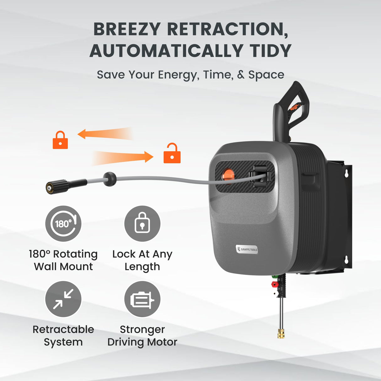 Giraffe Tools Grandfalls Pressure Washer G20 Pro, 2400 PSI 2.0 GPM, Wall Mounted Power Washer with 65FT Hose Reel, 4 Nozzles for Floor/Cars/Fences/Patios, Dark Silver Giraffe Tools