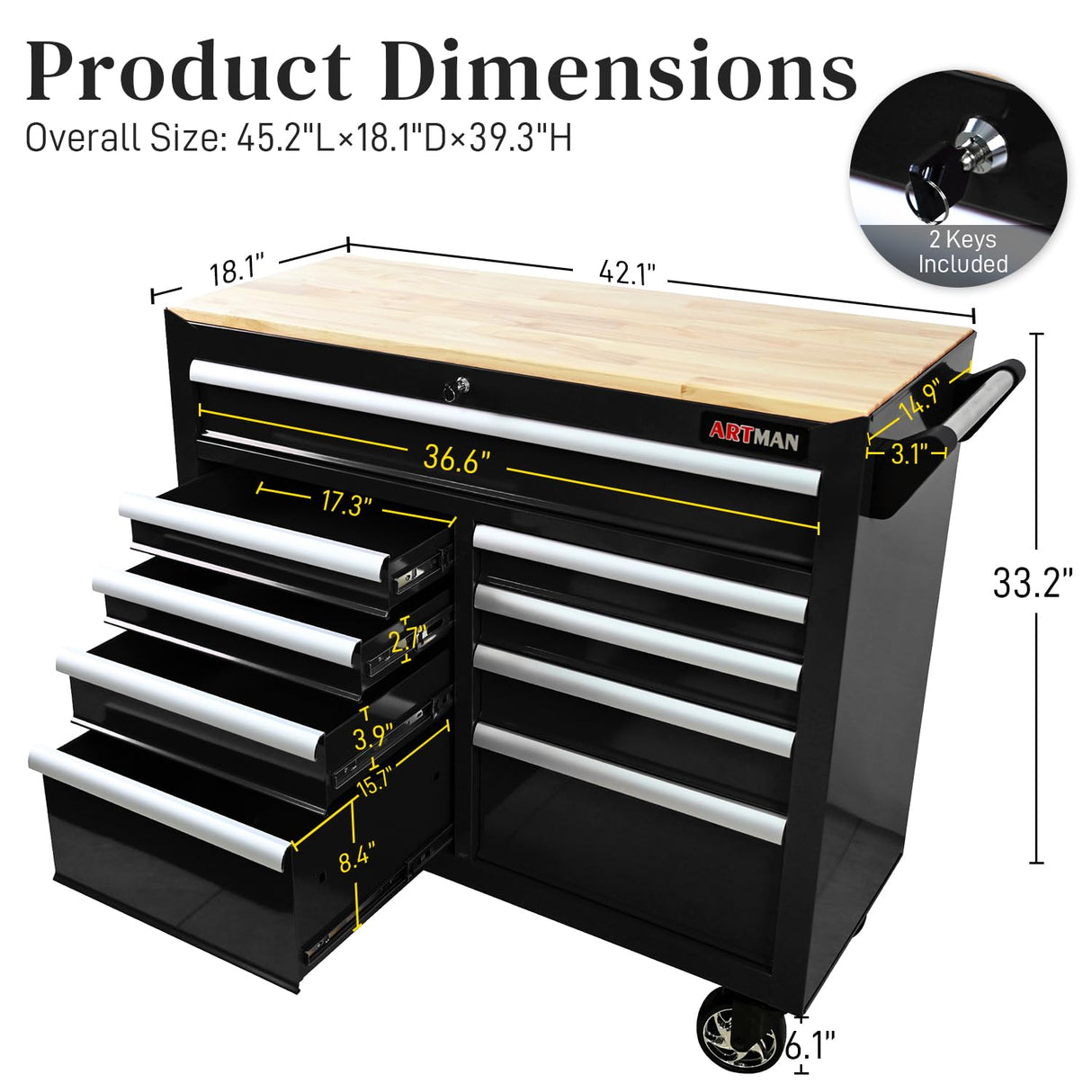 WTRAVEL Heavy Duty Rolling Tool Chest with 9-Drawer Wood Top Tool Cart Mechanic Tool Box with Wheels Tool Storage Cabinet Workbench High Capacity for Garage, Warehouse, Workshop, Repair Shop (Black) WTRAVEL