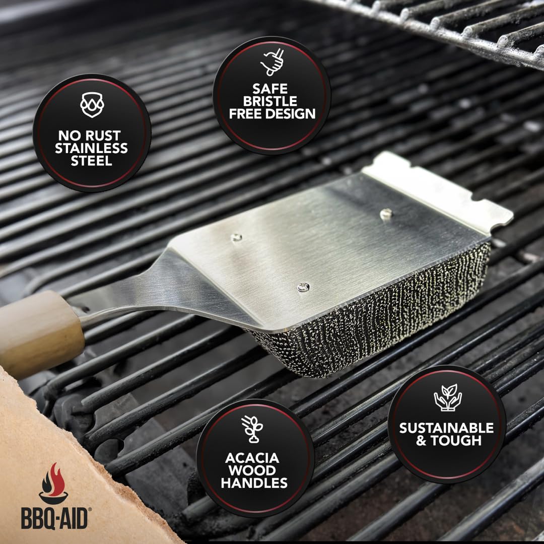 BBQ-AID Bristle Free Grill Brush and Scraper for Barbecue – Grill Brush for Outdoor Grill with Extended, Large Wooden Handle and Replaceable Head –No Scratch- BBQ Grill Cleaning Accessories. BBQ-Aid