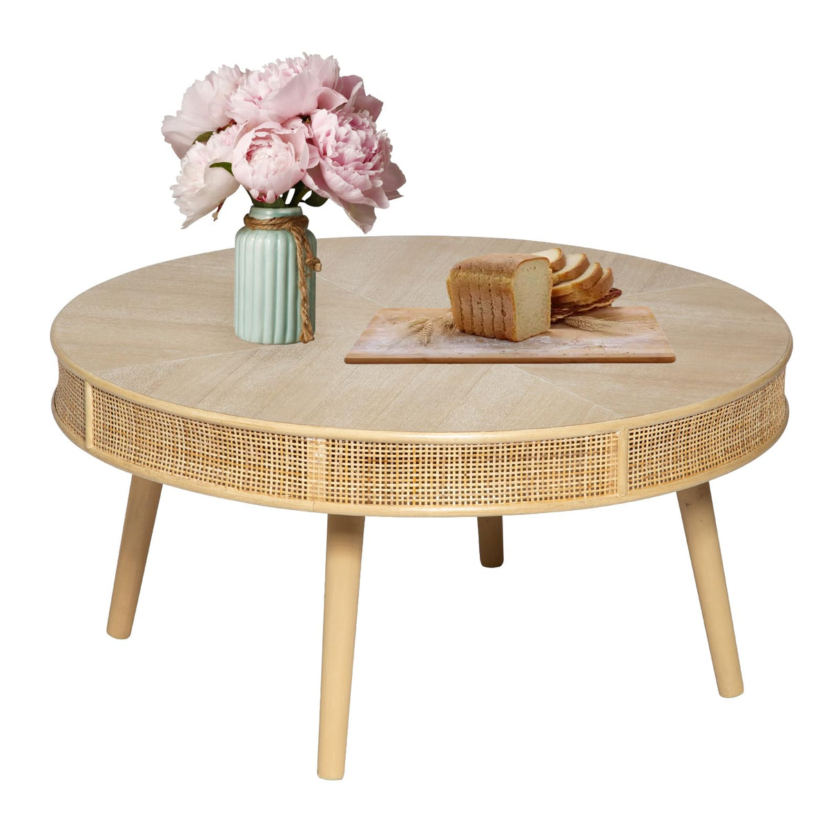 RUSTOWN 2-Piece Farmhouse Coffee Table, Modern Rustic Sofa Side Tea Tables, Solid Wood Finish with Crafted Rattan Side and End Table Sets for Living Room (Natural) RUSTOWN