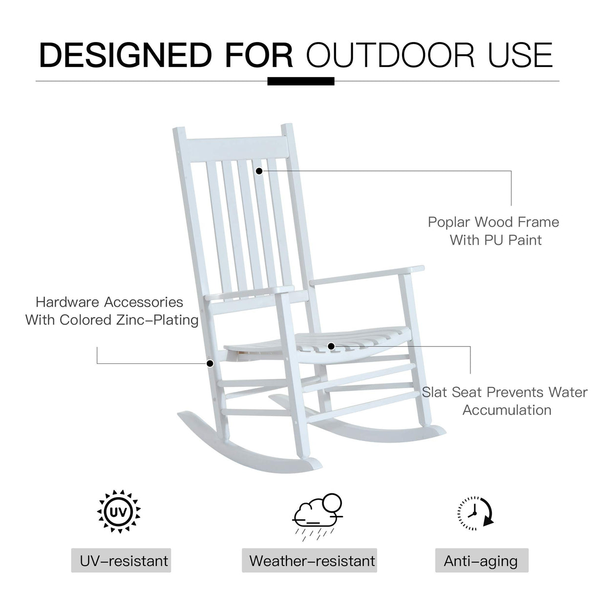 Outsunny Outdoor Rocking Chair, Wooden Rocking Patio Chairs with Rustic High Back, Slatted Seat and Backrest for Indoor, Backyard, Garden, White Outsunny