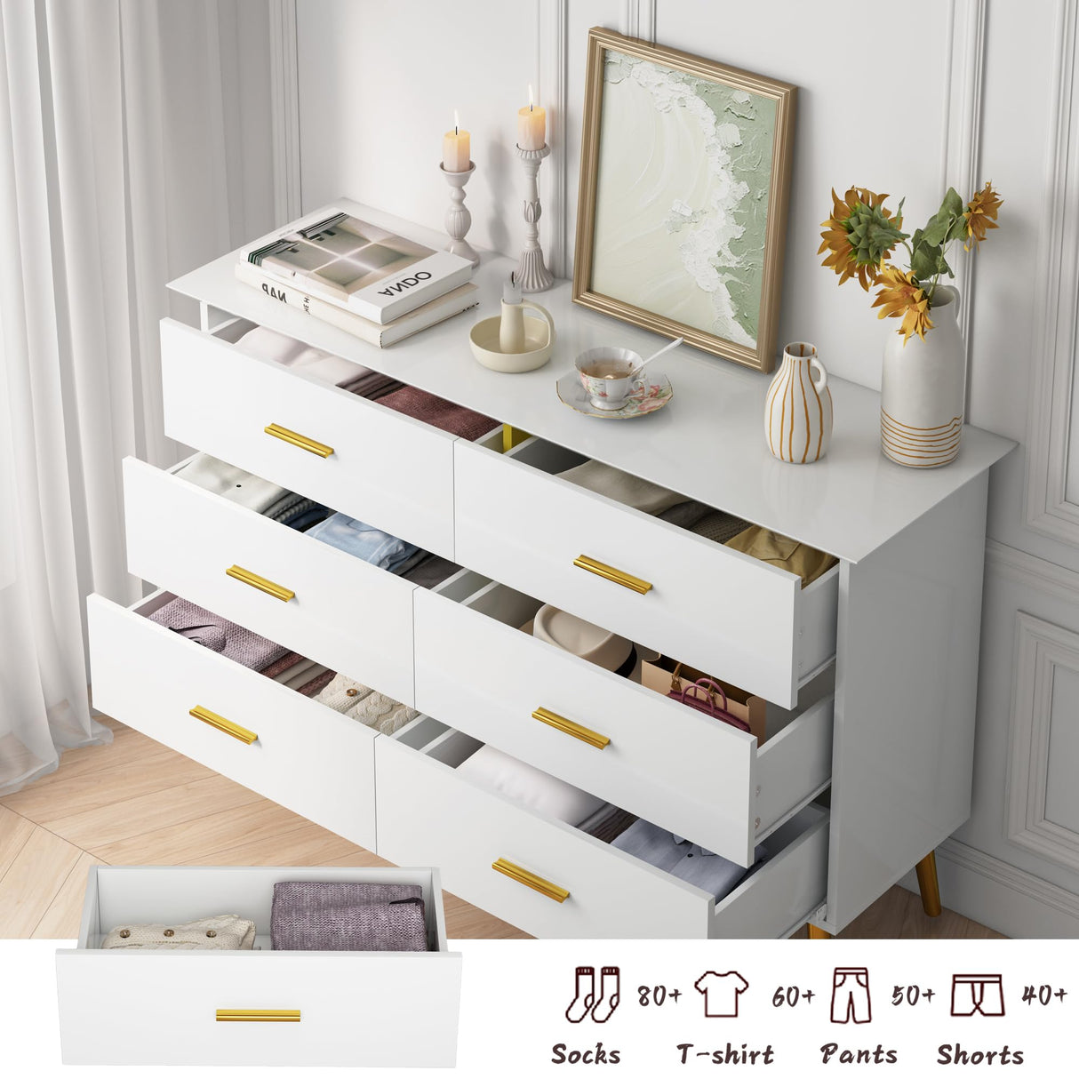 Boonatu White Dresser for Bedroom with 6 Drawers, White Dresser, Wood Dressers Chest of Drawers with Gold Handles, Modern LED Bedroom Dresser with Drawers for Closet Hallway, Living Room, White Boonatu