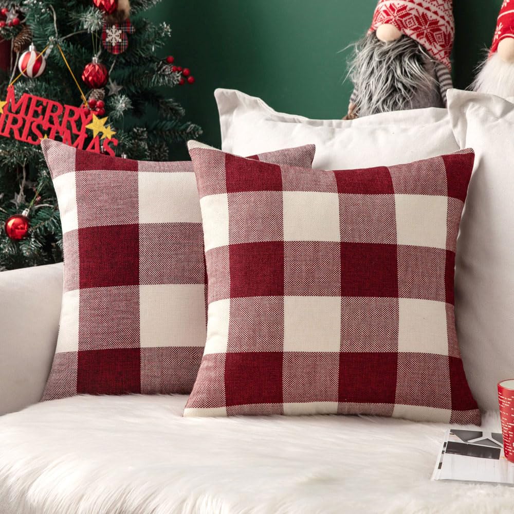 MIULEE Pack of 2 Christmas Classic Farmhouse Buffalo Check Plaids Linen Soft Soild Decorative Square Porch Throw Pillow Covers Home Decor Cushion Case for Sofa Bedroom 18x18 Inch, White and Red MIULEE