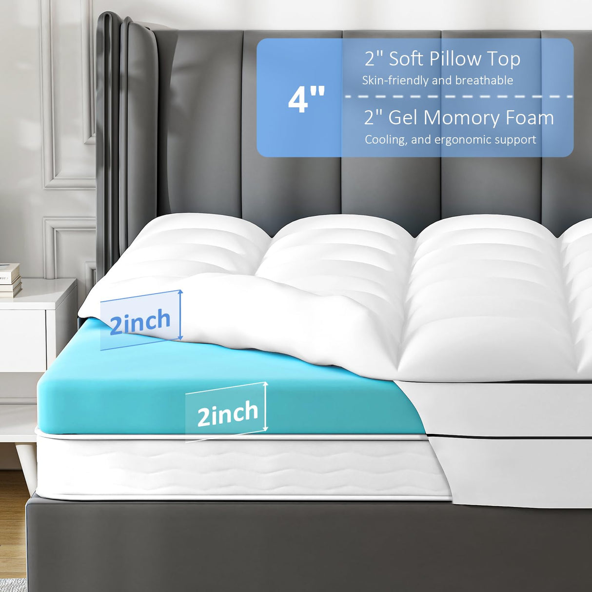 Vomiliku 4 Inch King Mattress Topper Dual Layer,2 Inch Gel Memory Foam Plus 2 Inch Cooling Pillow Top Mattress Pad Cover for Back Pain, with 8-21 Inch Deep Pocket Vomiliku