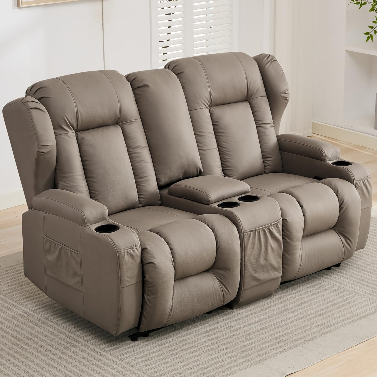 RV Loveseat Recliner with Console,Reclining Loveseat Sofa Wall Hugger Recliners for Small Spaces,Double Manual Recliner Couches with Cup Holders for Living Room Furniture (Fabric, Khaki) Generic