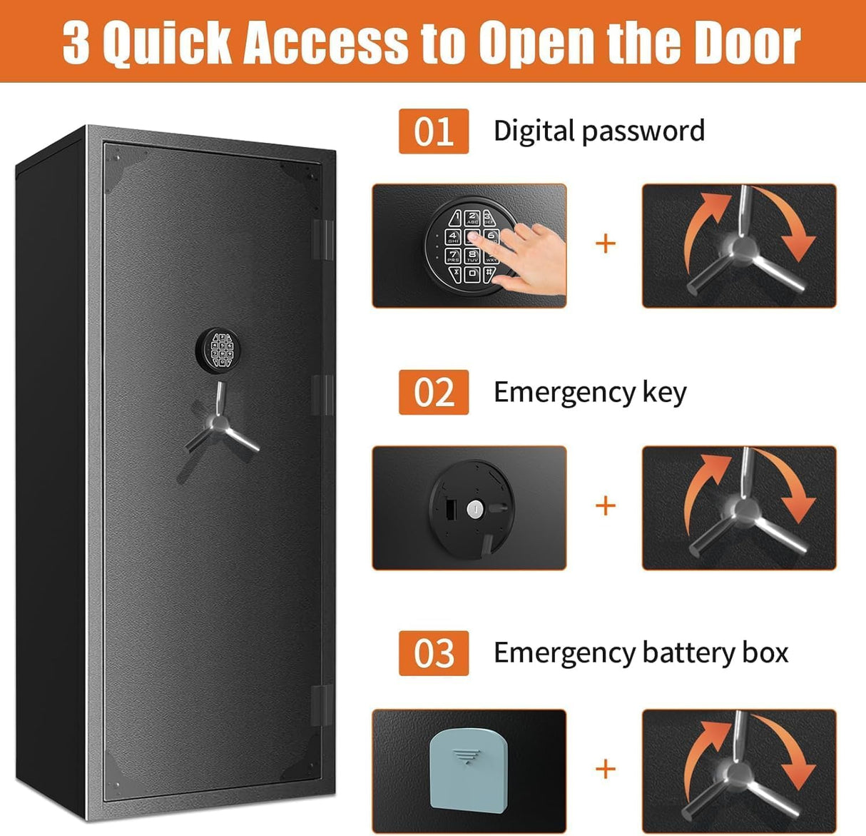 30 Gun Safe, Large Rifle Safe for Rifle and Shotgun/Rifle Pistol Rack/Storage Pocket/Removable Shelf/Silent Mode/External Battery/LED/Key,180° Open Door Panel Organizer Gun Cabinet Safe Unassembled TTSITG