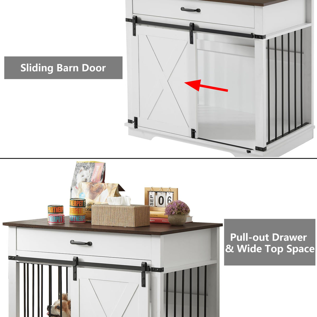 Aoowow Dog Crate Furniture 38" Wooden Dog Kennel Indoor with Sliding Barn Door,Heavy Duty Dog Crate Decorative Dog House with Drawer Dog Cage End Table for Small Medium Dogs,White Aoowow