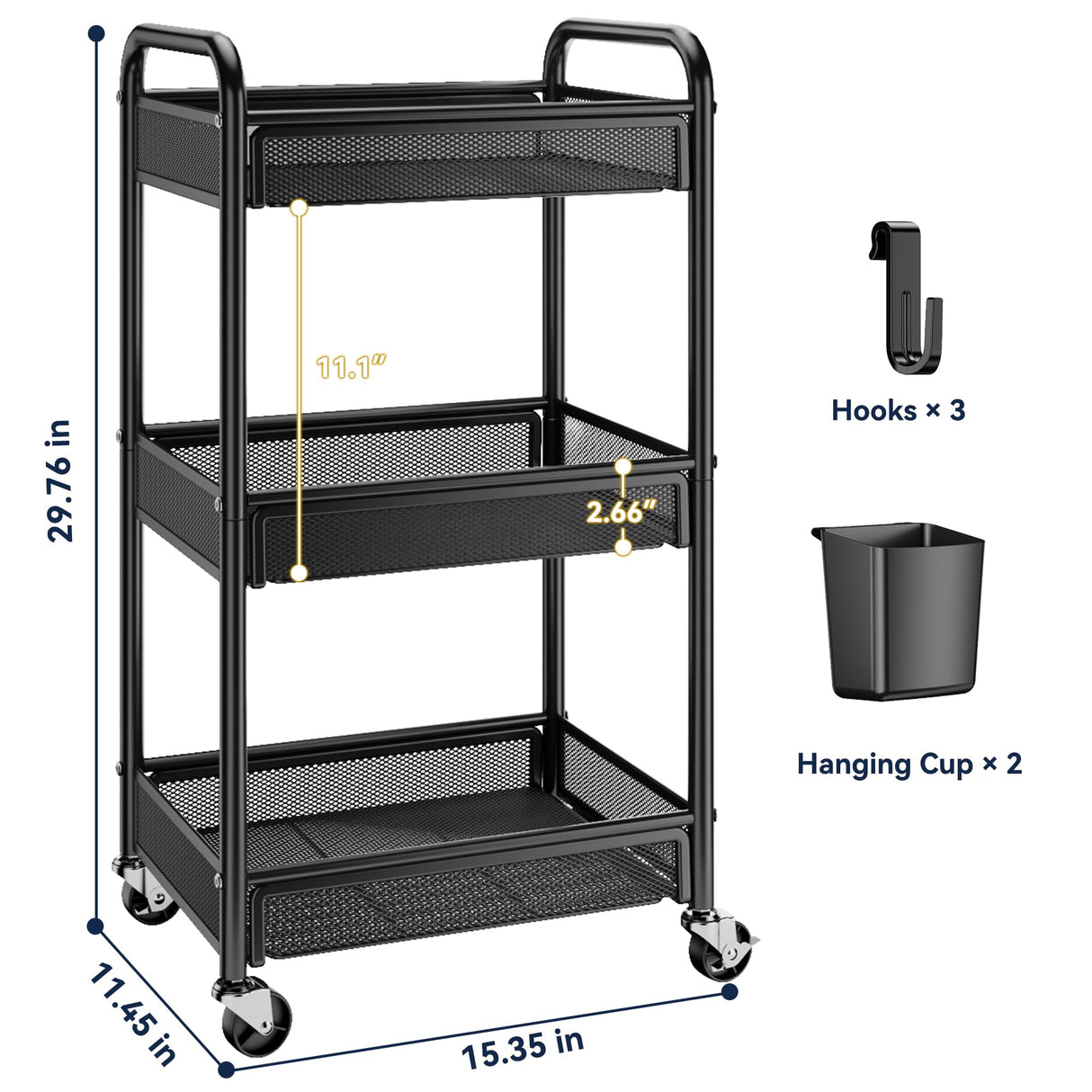 YASONIC 3 Tier Rolling Cart – Metal Utility Storage Cart with Wheels, Craft Cart Organizer with Hanging Cups, Hooks, Mesh Basket for Bedside Kitchen Office Art, Black YASONIC