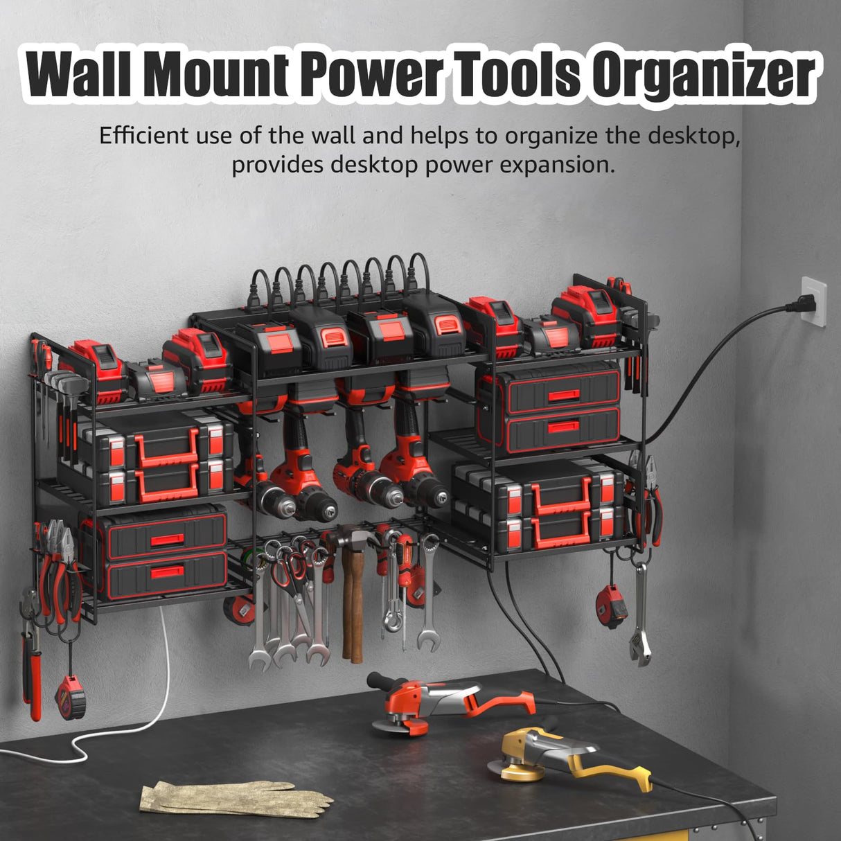 CCCEI Black Power Tools Organizers Wall Mount, Large Tools and Battery Storage Rack Charging Station. 8 Drill Holder, All Metal, Garage Utility Shelves with 6FT Power Strip. Gift for Men. CCCEI