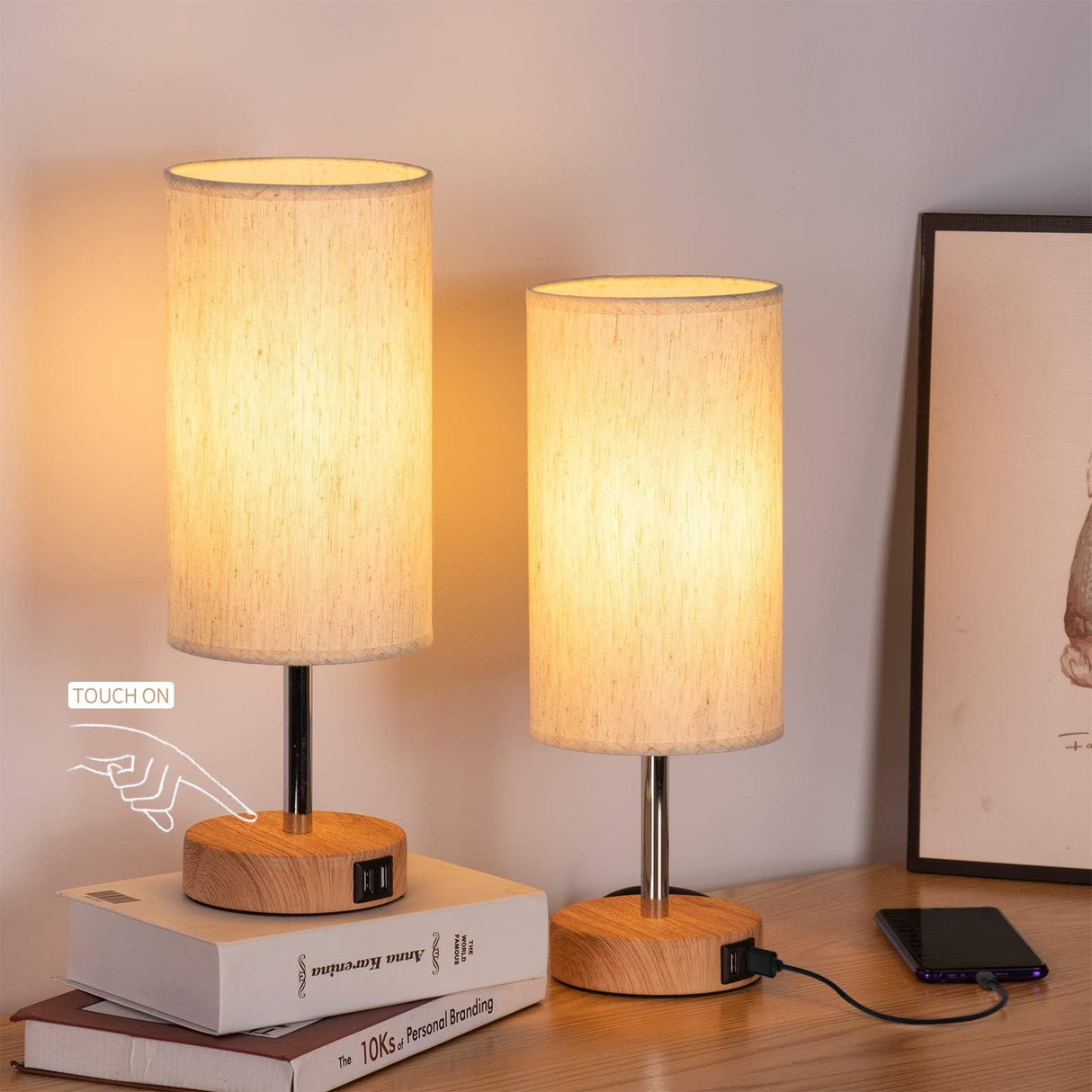 Yarra-Decor Bedside Lamps with USB Port - Touch Control Table Lamp for Bedroom Wood 3 Way Dimmable Nightstand Lamp Set of 2 with Round Flaxen Fabric Shade for Living Room, Dorm, Home Office (2 Pack) Yarra-Decor