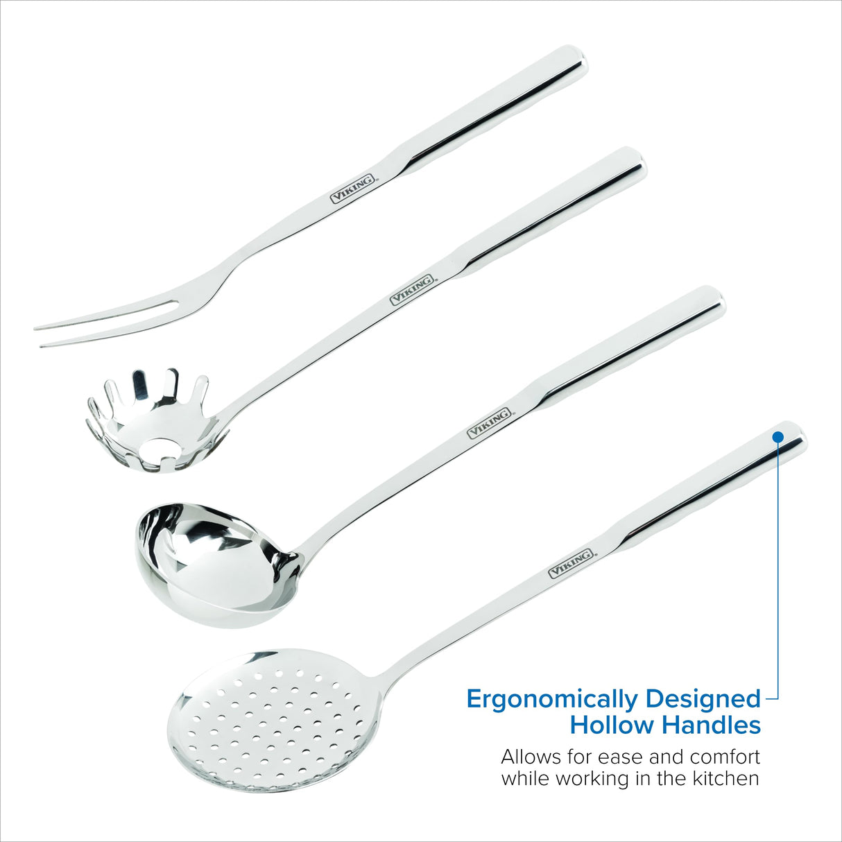 Viking Kitchen Utensils Set, 8 Piece Stainless Steel Cooking Utensil Set, Includes Spatulas, Spoons, Pasta Fork, Deep Ladle, Meat Fork, and Skimmer, Silver Viking