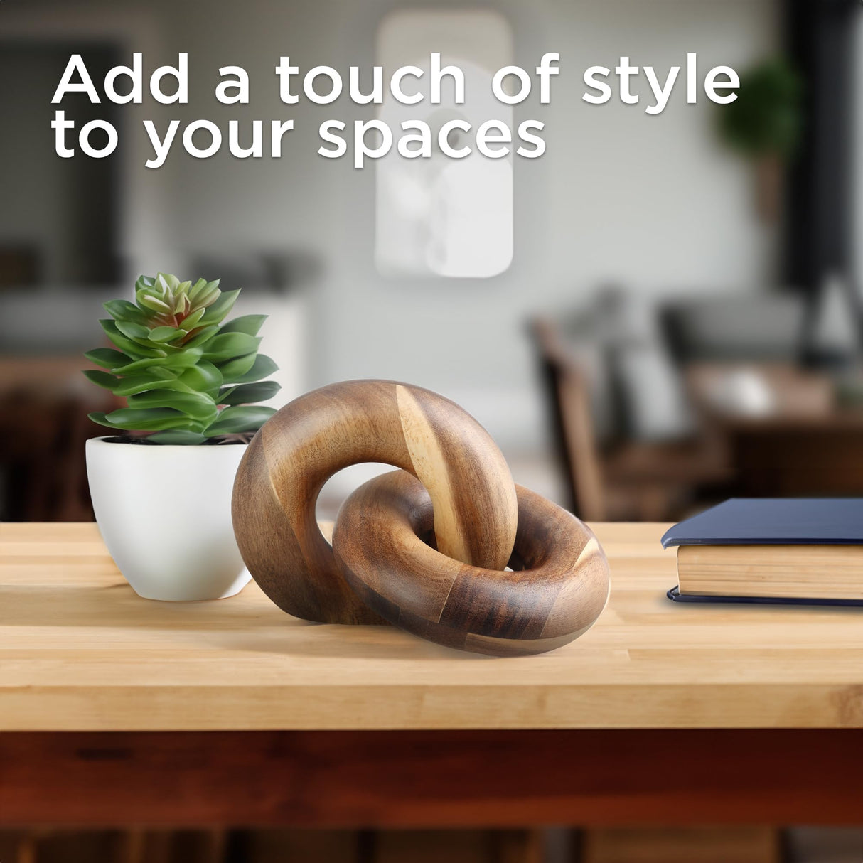 VETELK 2 Link Wood Chain Link Decor Wood Knot Decor for Coffee Table, Living Room, Bookshelf - Hand Carved Farmhouse Decorative Fusion Knots - Boho Acacia Knot Sculpture for Scandirustic Home Accents VETELK