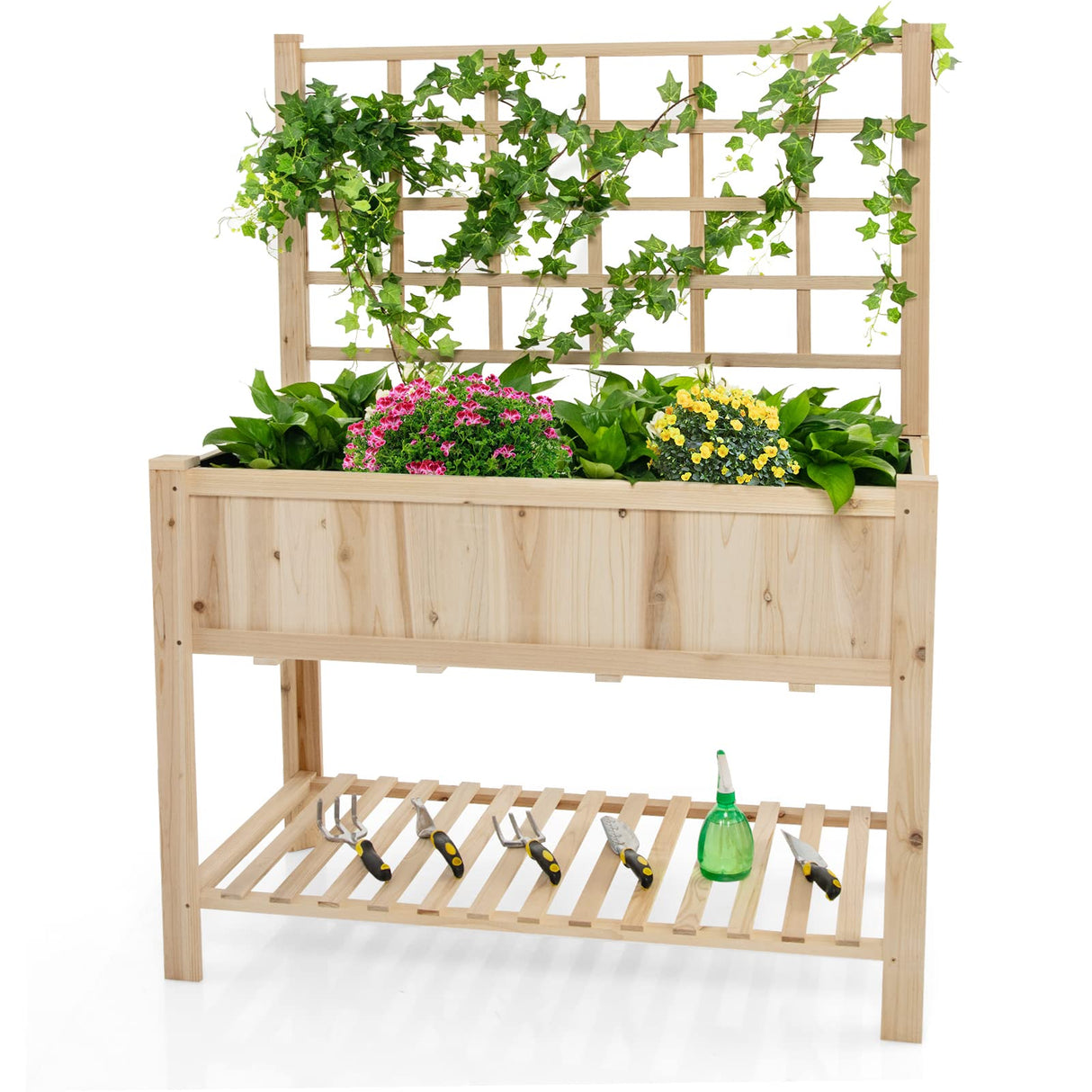 S AFSTAR Raised Garden Bed with Trellis, 48x23x63in Elevated Planter Box with Legs, Bottom Storage Shelf, Planter Liner, Wood Standing Planter Stand for Climbing Plants Flowers Vegetables Herbs S AFSTAR