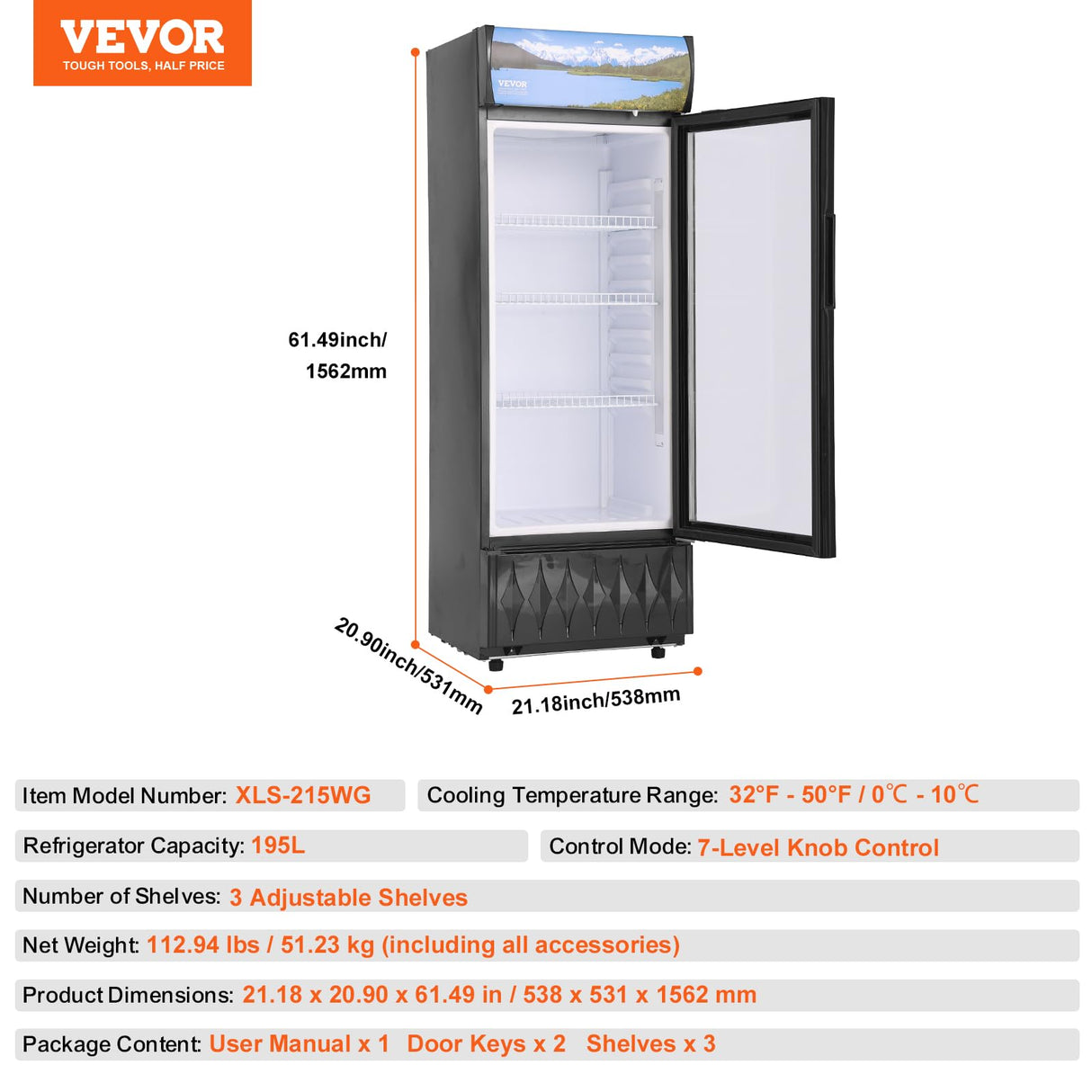 VEVOR Commercial Merchandiser Refrigerator, 6.8 Cu.Ft / 195L Beverage Refrigerator Cooler Merchandiser, Glass Door Display Refrigerator Upright Fridge with 3 Adjustable Shelves, Customizable Lightbox VEVOR