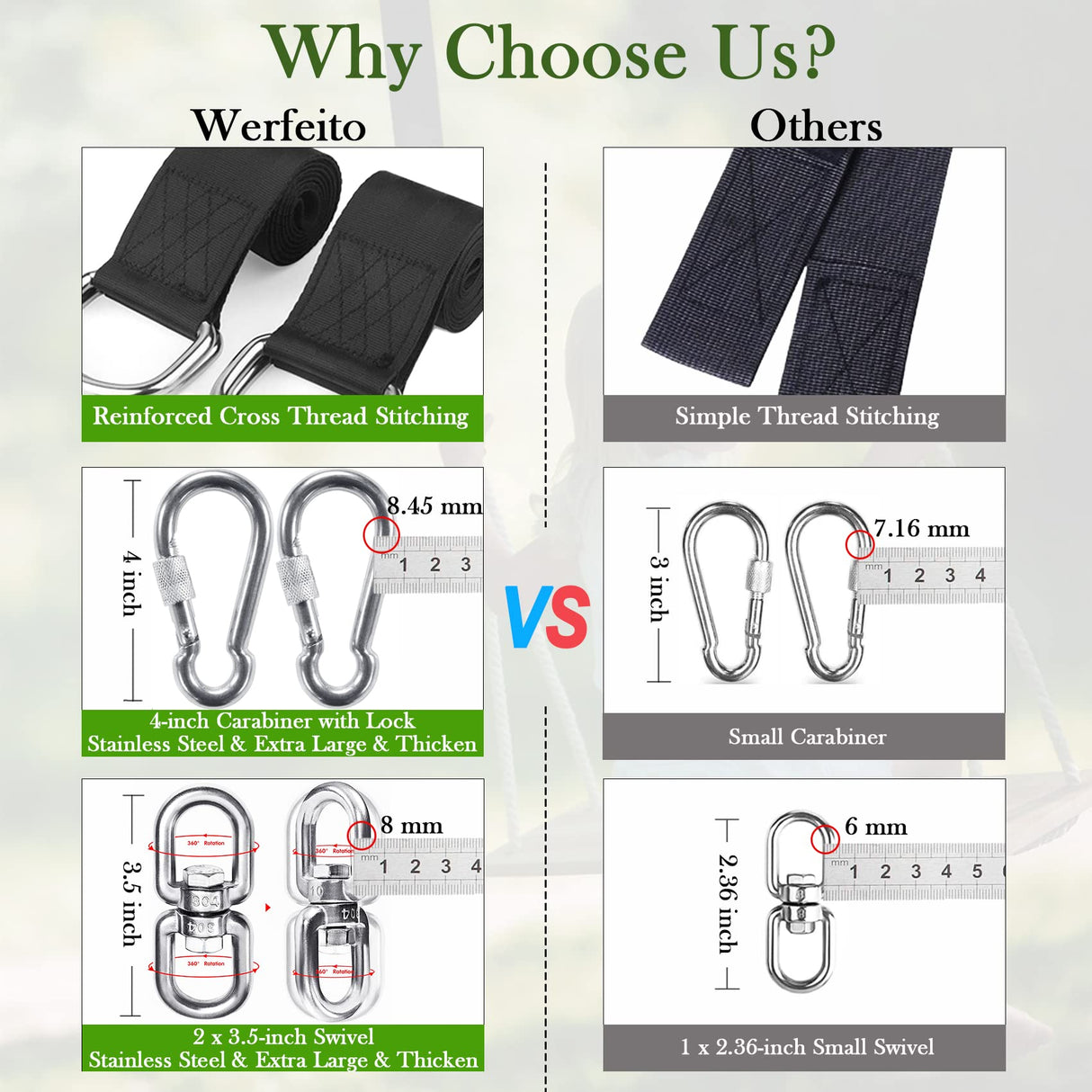 Werfeito Extra Long Tree Swing Straps, 3FT/8FT/10FT/20FT/30FT Tree Swing Hanging Straps Kit Holds 5000 lbs with Tree Protector, Heavy Duty Carabiner and Swivel Perfect for Swings & Hammocks (20 FT) Werfeito