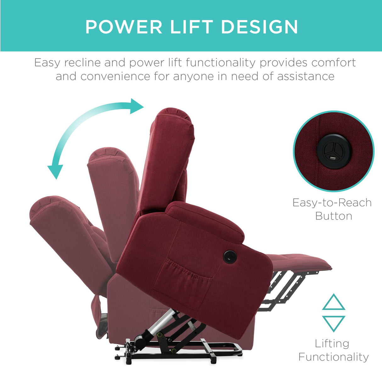 Best Choice Products Modern Linen Electric Power Lift Chair, Recliner Massage Chair, Adjustable Furniture for Back, Legs w/ 3 Positions, USB Port, Heat, Cupholders, Easy-to-Reach Button - Burgundy Best Choice Products