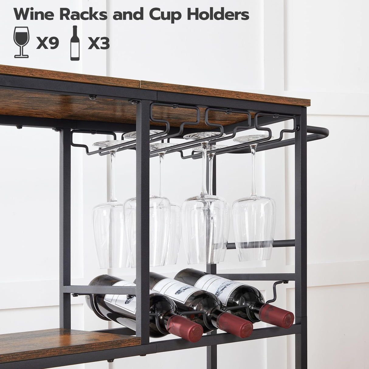HOOBRO Bar Cart for The Home, 29.5 inches 3-Tier Serving Cart with Wheels, Rolling Kitchen Cart with Wine Rack and Glass Holder for Living Room, Party, Bar, Rustic Brown and Black BF21TC01G1 HOOBRO