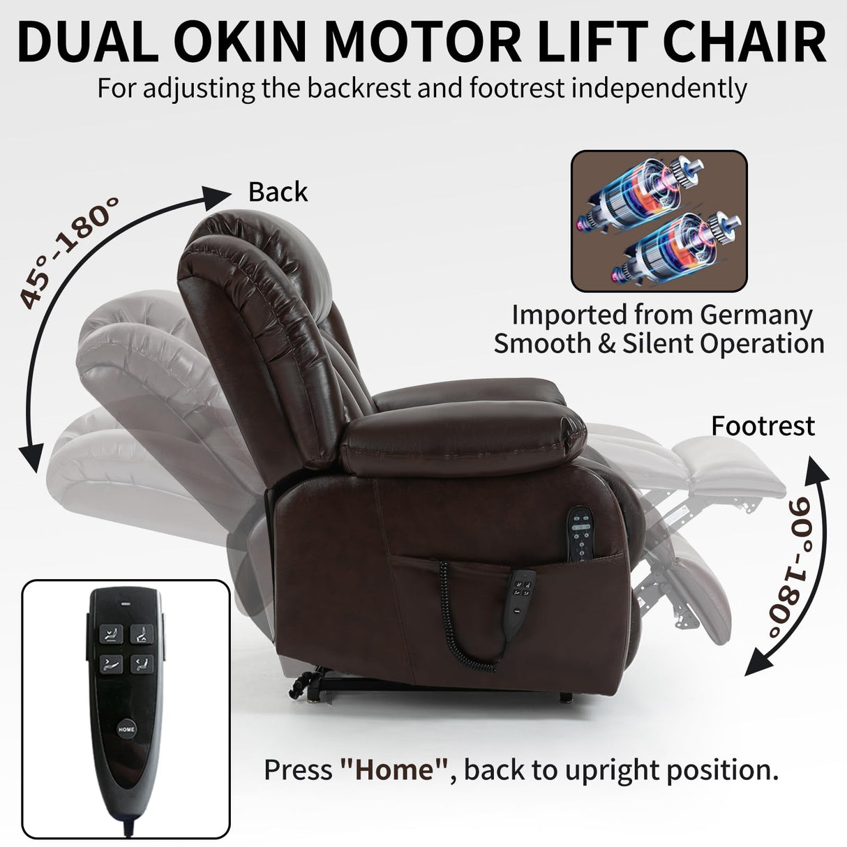 EZZUP Power Lift Chairs for Elderly, Dual Motor Oversized Recliner with 8-Point Vibration Massage and Lumbar Heating, Genuine Leather Electric Recliner Chairs, Antique Brown Recliner EZZUP