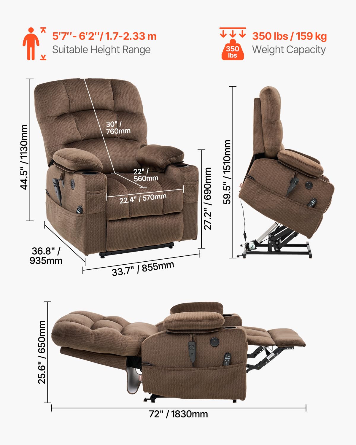 VEVOR Power Lift Recliner Chair, Dual Motor Lift Chair with Heat and Massage for Elderly, 2 Cup Holders and USB Port Infinite Position Adjustment Electric Recliner (Large, Brown) VEVOR