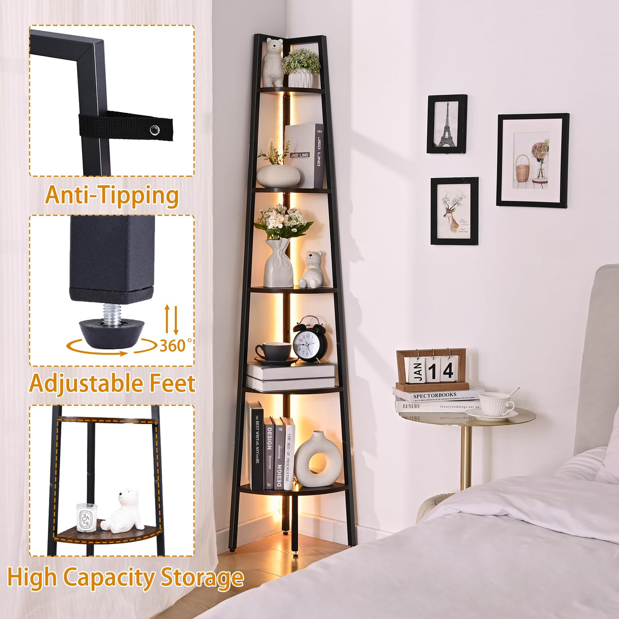 Waipfaru Corner Shelf, 5-Tier Corner Bookshelf with LED Light, 67.5in Corner Shelves for Bedroom, Tall Standing Shelf with Steel Frame, Storage Shelves for Office Living Room Waipfaru