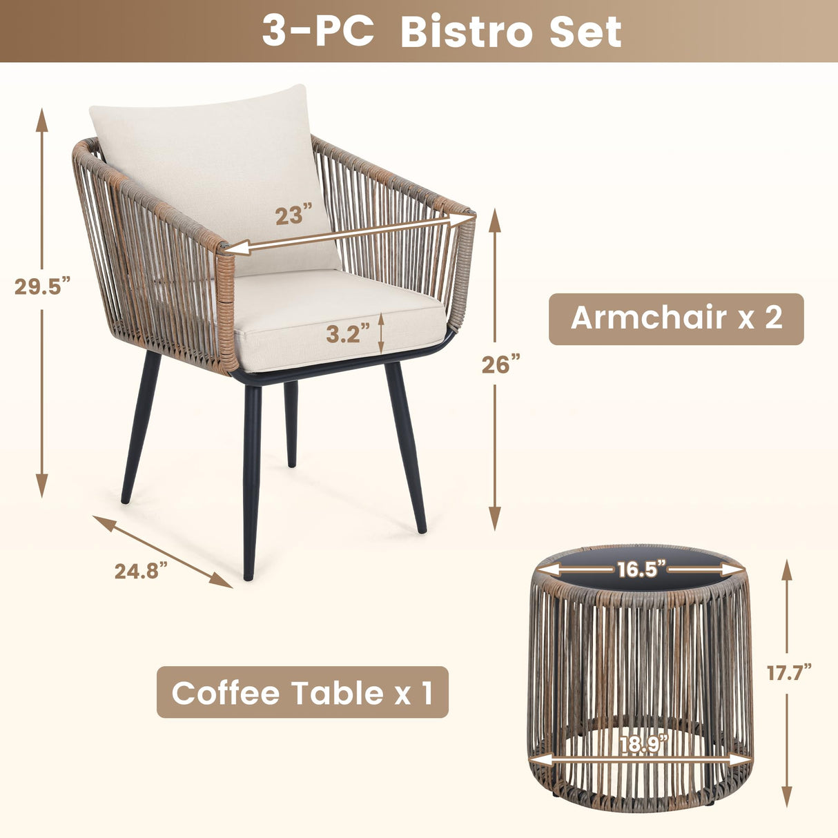 Kromax 3 Piece Patio Rattan Bistro Conversation Set, Outdoor All Weather Wicker Furniture Chairs and Side Table Set, Ideal for Balcony, Porch and Backyard, Beige Kromax
