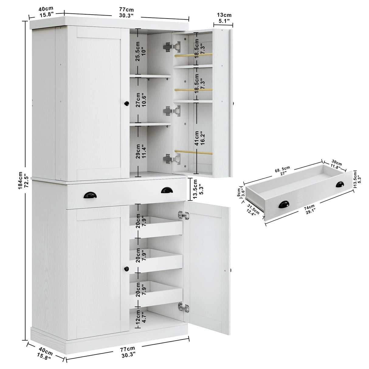 IRONCK Kitchen Pantry Cabinet 72" Height, Freestanding Cupboard with Drawer, Sliding Storage Rack, and 6 Hanging Shelves for Dining Room, Laundry, White IRONCK